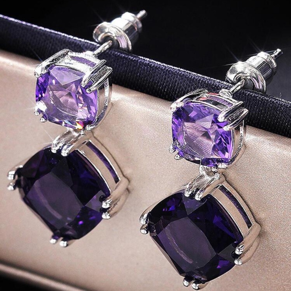 4 Ct Cushion Cut Simulated Amethyst Drop Dangle 14K White Gold Plated Earrings - Picture 7 of 11